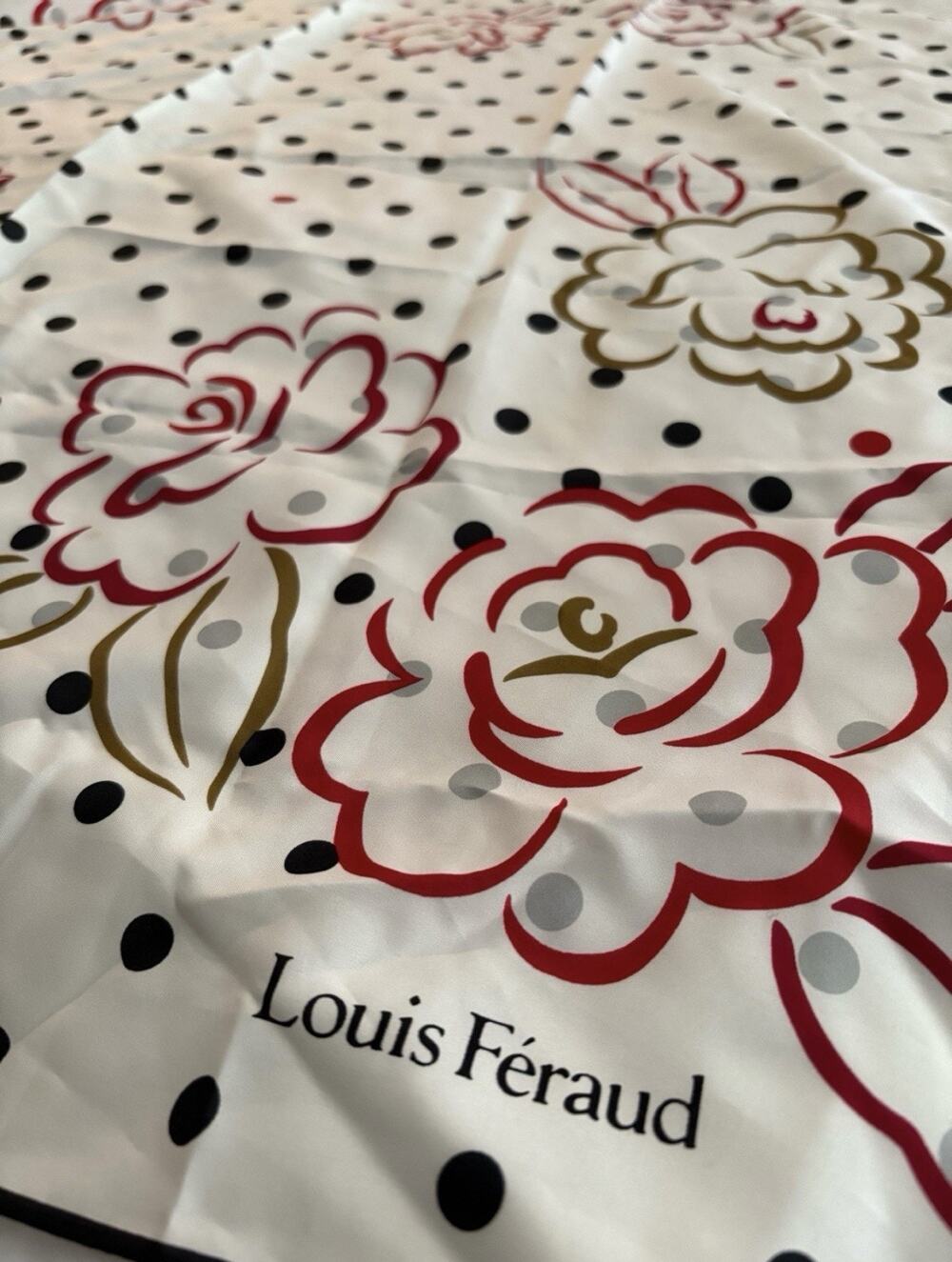 Louis Féraud Silk Scarf Polka Dot Floral Ivory Red Black 30” Great Condition